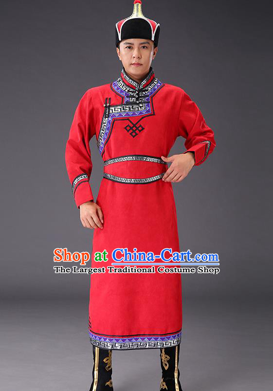 Chinese Traditional Red Suede Fabric Mongolian Robe Costume Mongol Minority Ethnic Men Stage Performance Garment
