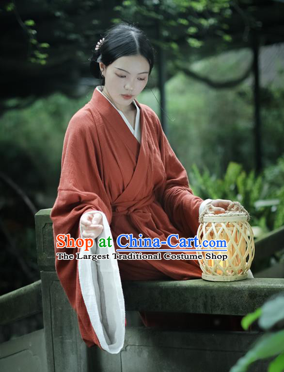 Chinese Traditional Ancient Palace Woman Garment Jin Dynasty Imperial Consort Red Flax Dress Hanfu Costumes
