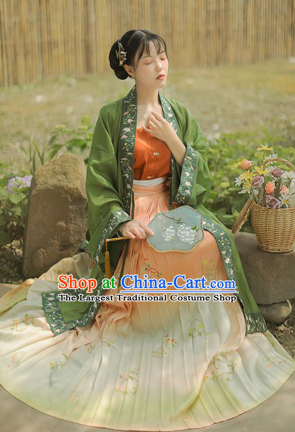 Chinese Ancient Song Dynasty Princess Dress Costumes Traditional Hanfu Court Lady Embroidered Green BeiZi Top and Skirt Full Set