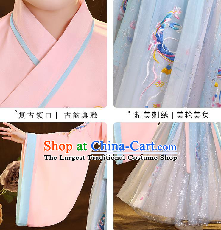 Chinese Traditional Hanfu Pink Blouse and Blue Skirt Ancient Jin Dynasty Girl Costumes Apparels for Kids