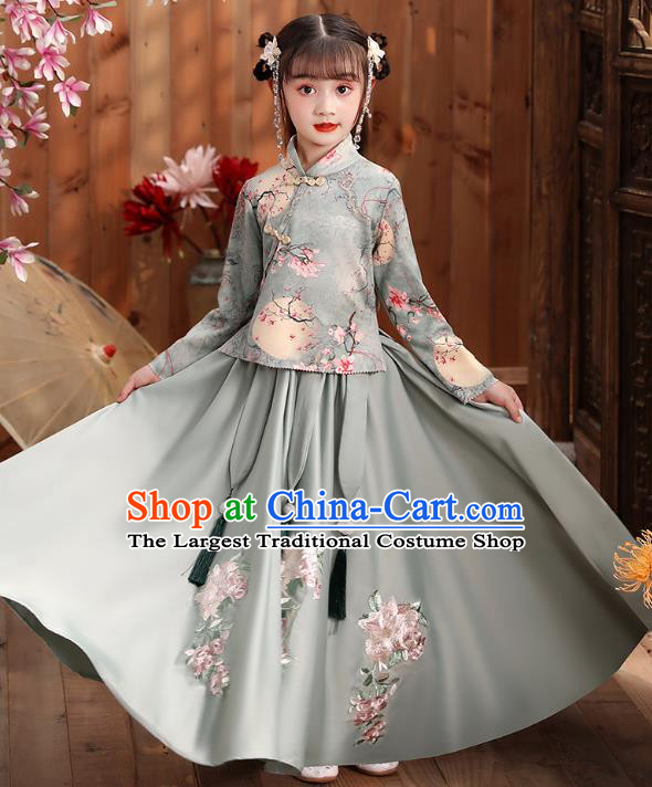 Chinese Traditional Tang Suit Hanfu Dress Ancient Girl Costumes Printing Blue Blouse and Skirt Apparels for Kids