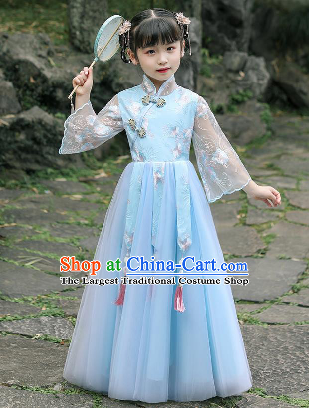 Chinese Traditional Tang Suit Blue Qipao Dress Apparels Ancient Girl Costumes Stage Show Cheongsam for Kids