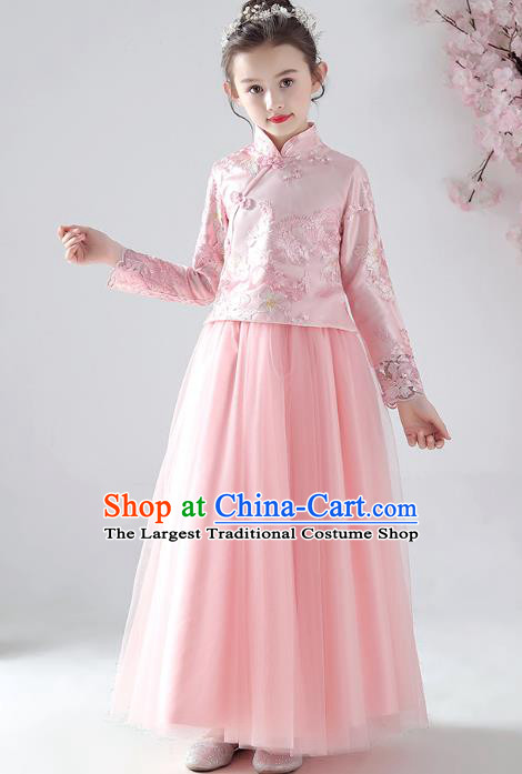 Chinese Traditional Tang Suit Pink Blouse and Skirt Qipao Dress Girl Costumes Stage Show Cheongsam Apparels for Kids
