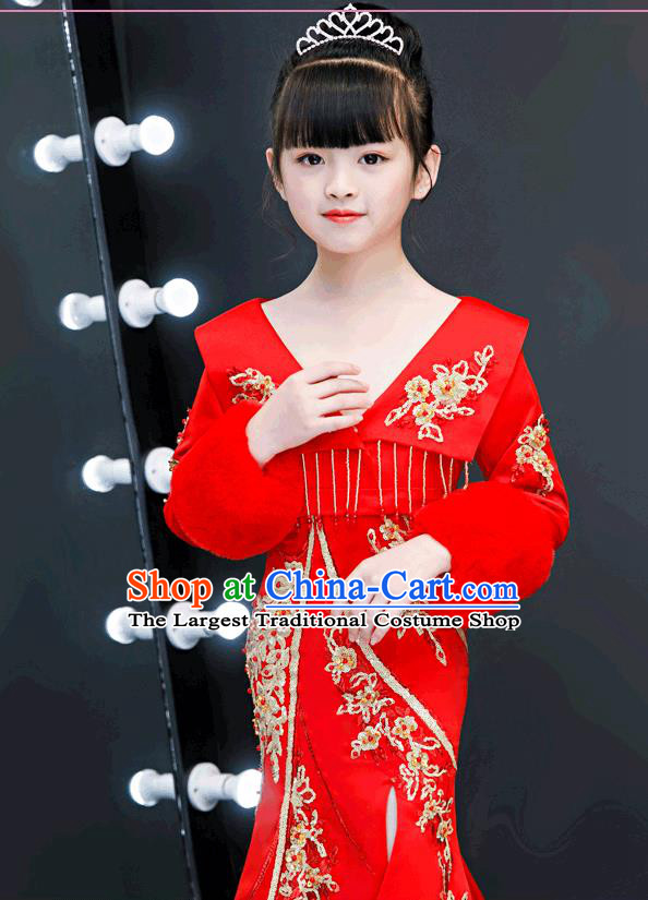 Chinese Traditional Tang Suit Winter Red Qipao Dress Girl Costumes Stage Show Cheongsam Apparels for Kids