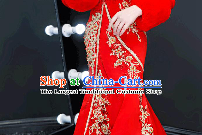 Chinese Traditional Tang Suit Winter Red Qipao Dress Girl Costumes Stage Show Cheongsam Apparels for Kids
