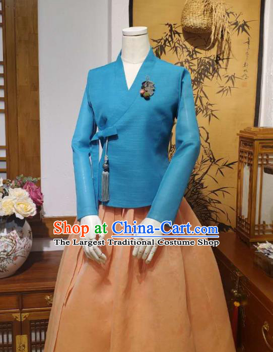 Korean Women Traditional Blue Blouse and Orange Dress Asian Korea National Fashion Costumes Hanbok Informal Apparels