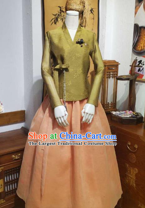 Korean Traditional Olive Green Blouse and Orange Dress Asian Korea National Fashion Costumes Hanbok Women Informal Apparels