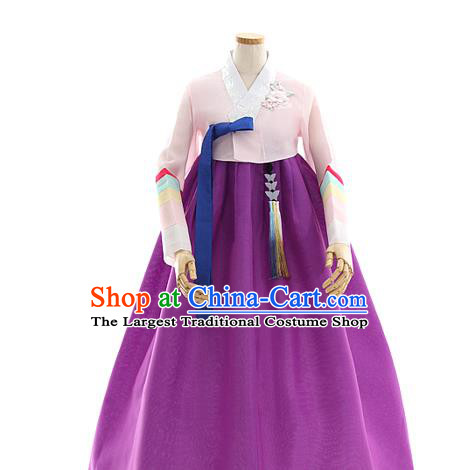 Korean Bride Light Pink Blouse and Purple Dress Korea Fashion Costumes Traditional Wedding Hanbok Festival Apparels for Women