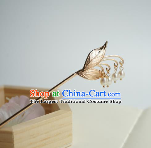 Chinese Hanfu Classical Convallaria Hair Accessories Handmade Ancient Princess Golden Pearls Tassel Hairpins for Women