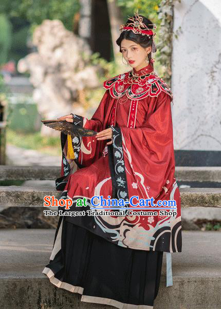 Chinese Ming Dynasty Royal Countess Historical Costumes Traditional Hanfu Apparels Ancient Noble Woman Red Gown and Skirt Full Set