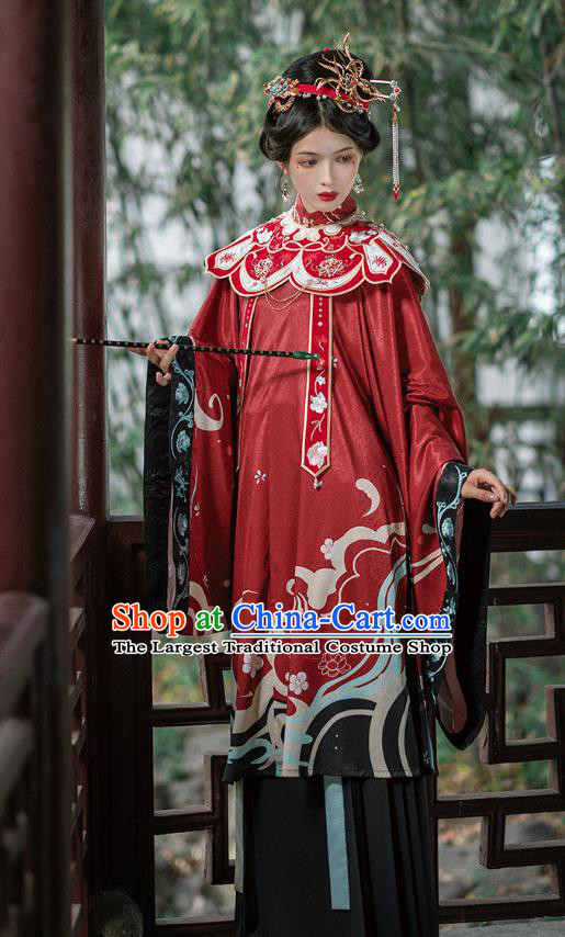 Chinese Ming Dynasty Royal Countess Historical Costumes Traditional Hanfu Apparels Ancient Noble Woman Red Gown and Skirt Full Set
