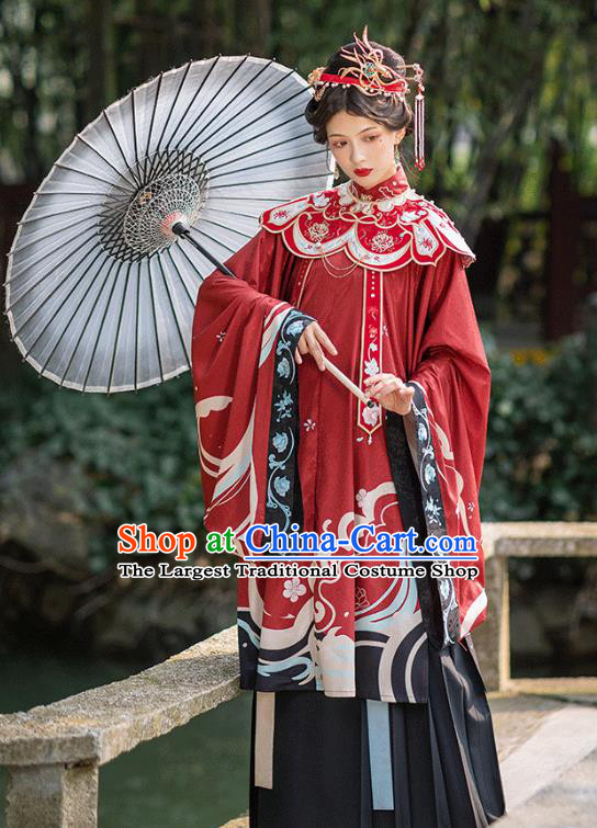 Chinese Ming Dynasty Royal Countess Historical Costumes Traditional Hanfu Apparels Ancient Noble Woman Red Gown and Skirt Full Set