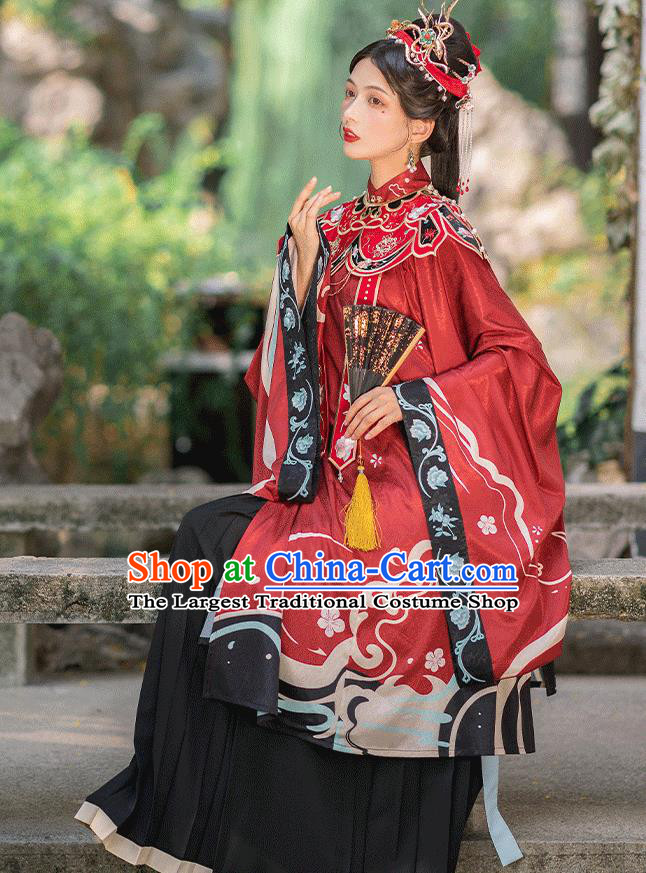 Chinese Ming Dynasty Royal Countess Historical Costumes Traditional Hanfu Apparels Ancient Noble Woman Red Gown and Skirt Full Set