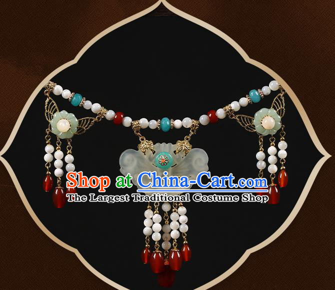 Chinese Handmade Hanfu Jade Butterfly Necklace Classical Jewelry Accessories Red Beads Tassel Necklet for Women