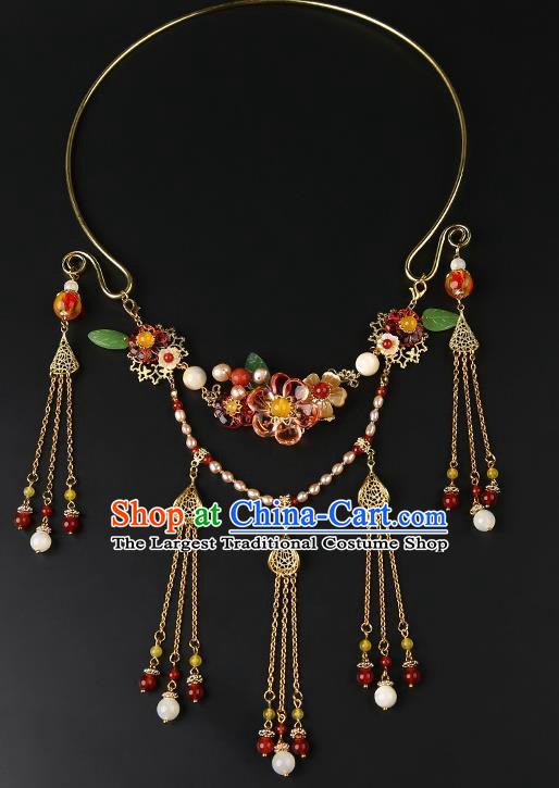 Chinese Handmade Ming Dynasty Golden Tassel Necklet Classical Jewelry Accessories Ancient Hanfu Flowers Necklace for Women