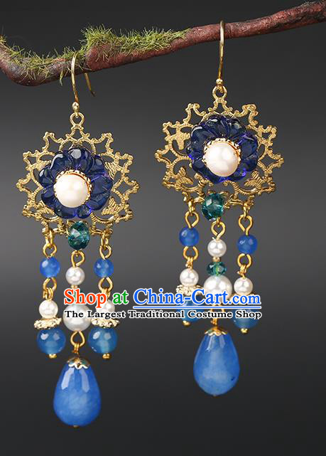 Handmade Chinese Plum Blossom Ear Accessories Classical Eardrop Ancient Women Hanfu Blue Beads Tassel Earrings