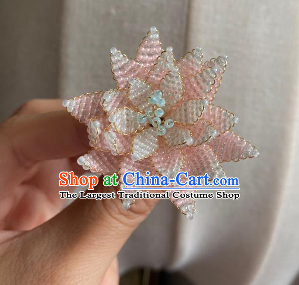 Chinese Classical Court Pink Beads Lotus Hair Clip Women Hanfu Hair Accessories Handmade Ancient Qing Dynasty Princess Hairpins