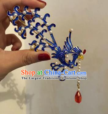 Chinese Classical Ancient Ming Dynasty Empress Phoenix Hairpins Women Hanfu Hair Accessories Handmade Blueing Tassel Hair Clip