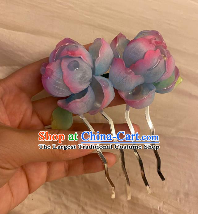 Chinese Ancient Palace Lady Blue Flowers Hairpin Hanfu Hair Accessories Handmade Hair Comb
