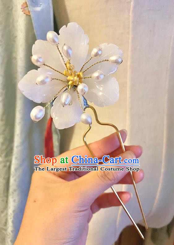 Chinese Classical Pearls Hair Clip Women Hanfu Hair Accessories Handmade Ancient Ming Dynasty White Flowers Hairpin