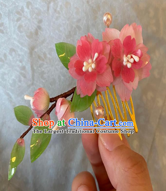 Chinese Women Classical Pink Flowers Hair Comb Handmade Ancient Princess Hanfu Hair Accessories Hairpin
