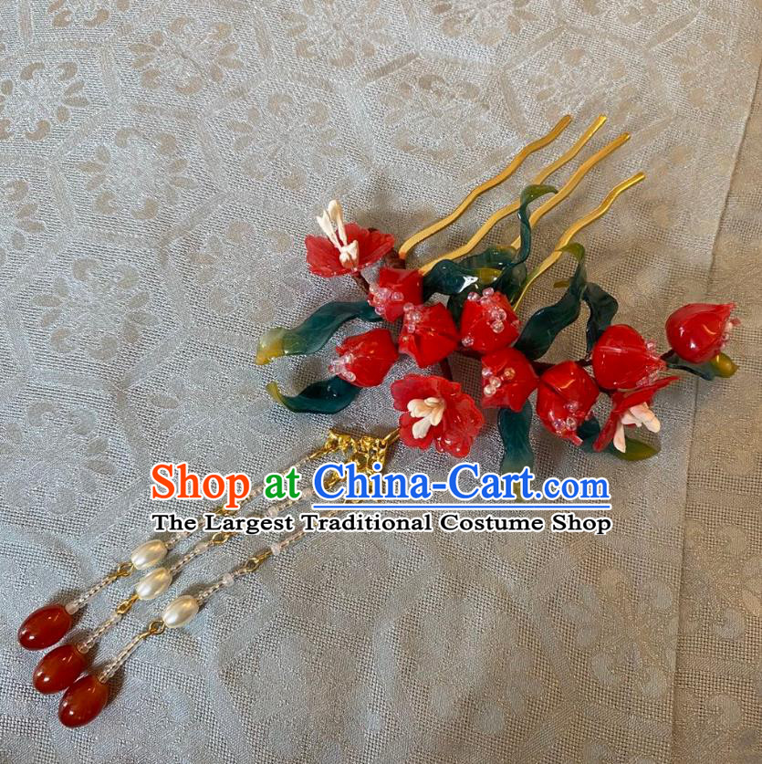 Chinese Women Classical Agate Tassel Hairpin Handmade Ancient Princess Hanfu Hair Accessories Red Flowers Pearls Hair Comb