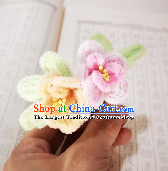 Chinese Ancient Princess Velvet Flowers Hairpins Hair Accessories Handmade Qing Dynasty Palace Lady Peach Blossom Hair Stick
