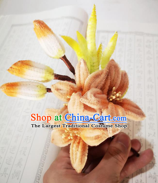 Chinese Ancient Princess Brown Velvet Hairpins Hair Accessories Handmade Qing Dynasty Court Lily Flowers Hair Stick