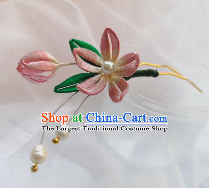 Chinese Ancient Princess Pearls Hairpins Hair Accessories Handmade Hanfu Pink Silk Peach Blossom Hair Clip