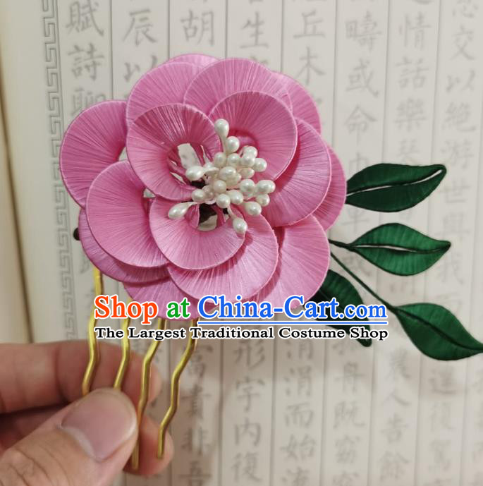 Chinese Ancient Princess Deep Pink Camellia Hairpins Hair Accessories Handmade Hanfu Silk Flower Hair Stick