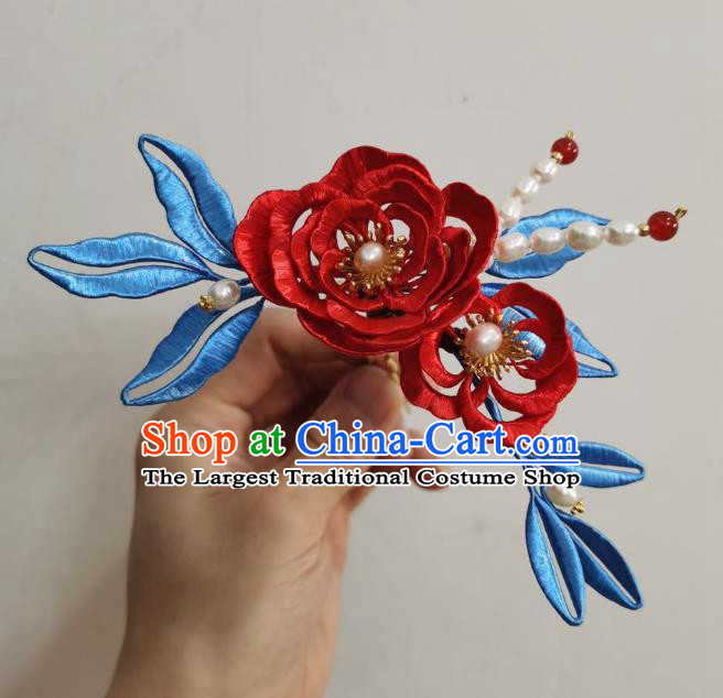 Chinese Ancient Princess Red Camellia Hairpins Hair Accessories Handmade Hanfu Silk Flower Pearls Hair Stick
