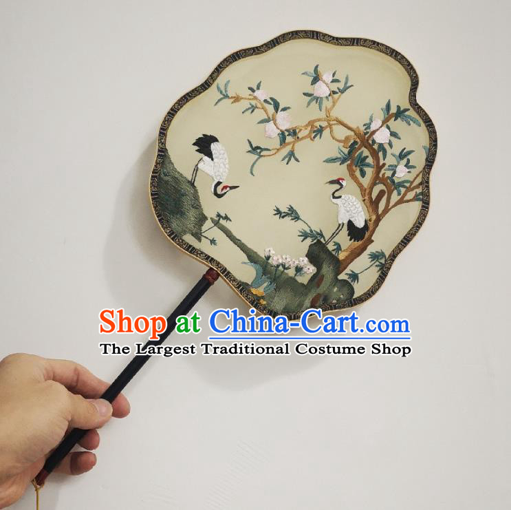 Chinese Classical Beige Silk Palace Fan Ancient Palace Lady Fans Accessories Song Dynasty Princess Painting Cranes Fans