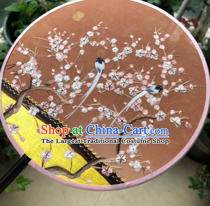Chinese Classical Brown Silk Palace Fan Ancient Song Dynasty Princess Embroidered Plum Birds Round Fans Accessories