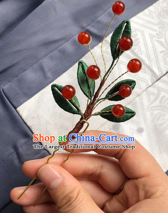 Chinese Ancient Court Lady Red Beads Hairpins Hair Accessories Handmade Tang Dynasty Silk Flower Hair Stick