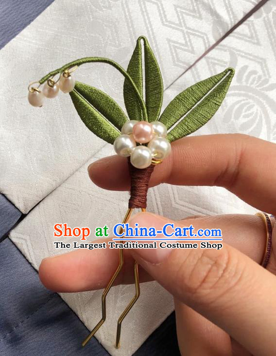 Chinese Ancient Court Lady Pearls Hairpins Hair Accessories Handmade Tang Dynasty Silk Leaf Hair Stick