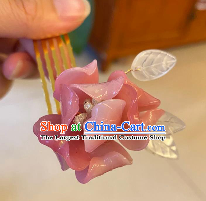 Chinese Ancient Palace Lady Peach Blossom Hairpins Hair Accessories Handmade Pink Plastic Flower Hair Comb
