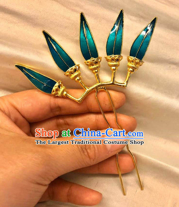 Chinese Ancient Court Empress Blueing Bamboo Leaf Hairpins Hair Accessories Handmade Ming Dynasty Palace Golden Hair Stick