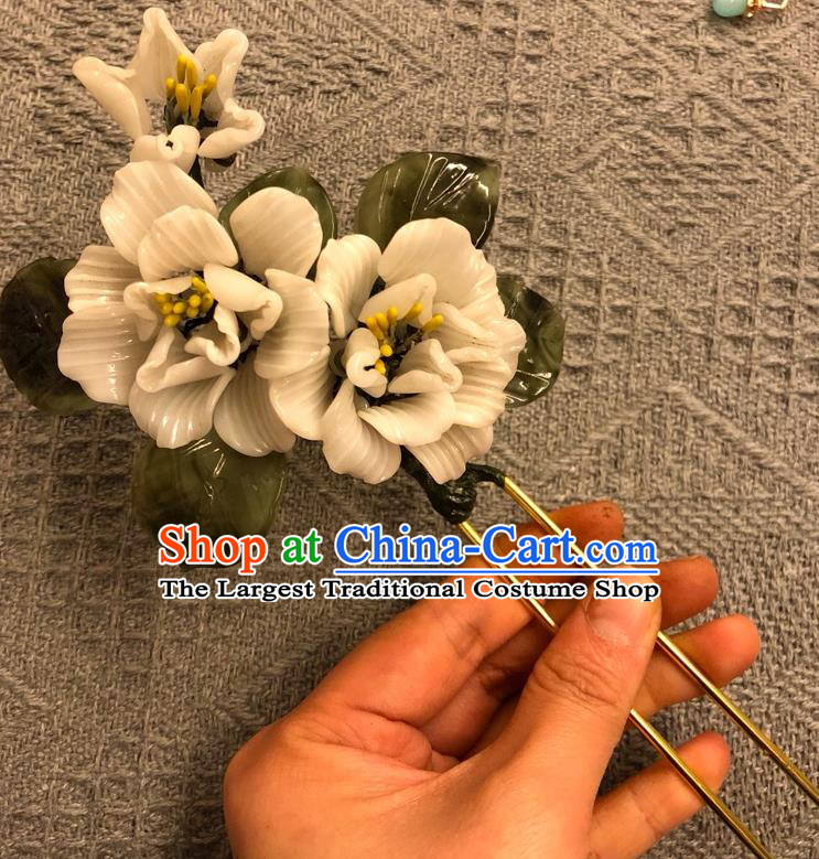 Chinese Ancient Palace Lady White Camellia Flowers Hairpins Hair Accessories Handmade Plastic Hair Stick