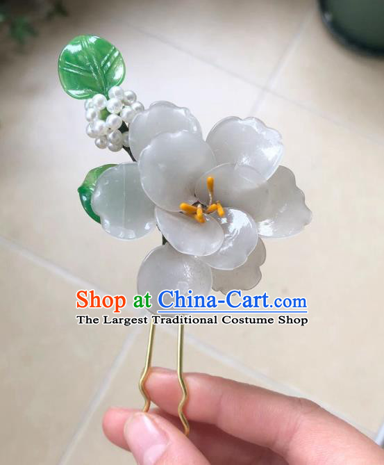 Chinese Ancient Palace Lady Beads Plastic Camellia Hairpins Hair Accessories Handmade White Flower Hair Stick