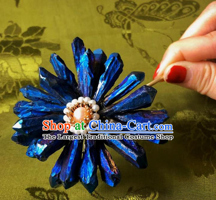 Chinese Ancient Princess Deep Blue Chrysanthemum Hairpins Hair Accessories Handmade Ming Dynasty Lapis Pearl Hair Stick