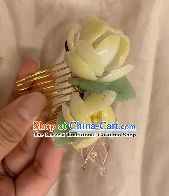 Chinese Ancient Palace Lady Light Yellow Flowers Hairpins Hair Accessories Handmade Plastic Azalea Hair Comb