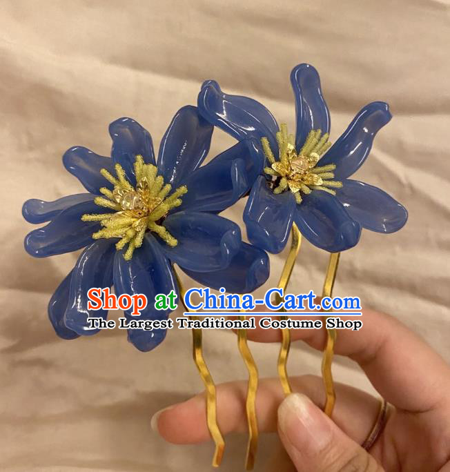 Chinese Ancient Palace Lady Deep Blue Flowers Hairpins Hair Accessories Handmade Plastic Chrysanthemum Hair Comb