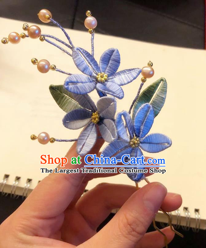 Chinese Ancient Court Lady Pearls Hairpins Hair Accessories Handmade Tang Dynasty Blue Silk Flowers Hair Stick