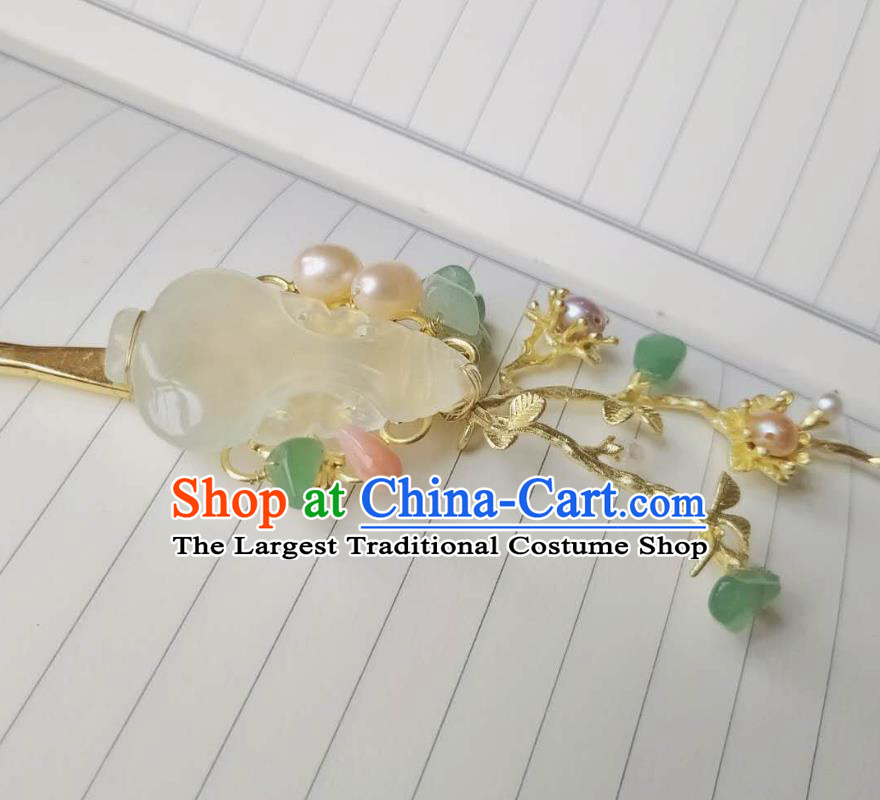 Chinese Ancient Court Women Jade Hairpins Hair Accessories Handmade Qing Dynasty Palace Golden Plum Pearls Hair Stick