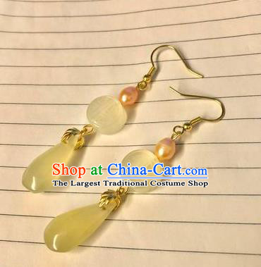 Handmade Chinese Classical Topaz Eardrop Ear Accessories Ancient Ming Dynasty Princess Hanfu Pearl Earrings