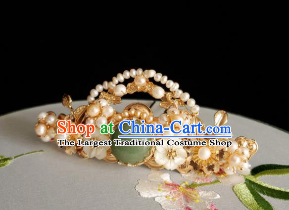 Chinese Ancient Empress Green Chalcedony Hair Crown Hairpins Hair Accessories Handmade Ming Dynasty Hanfu Pearls Hair Stick