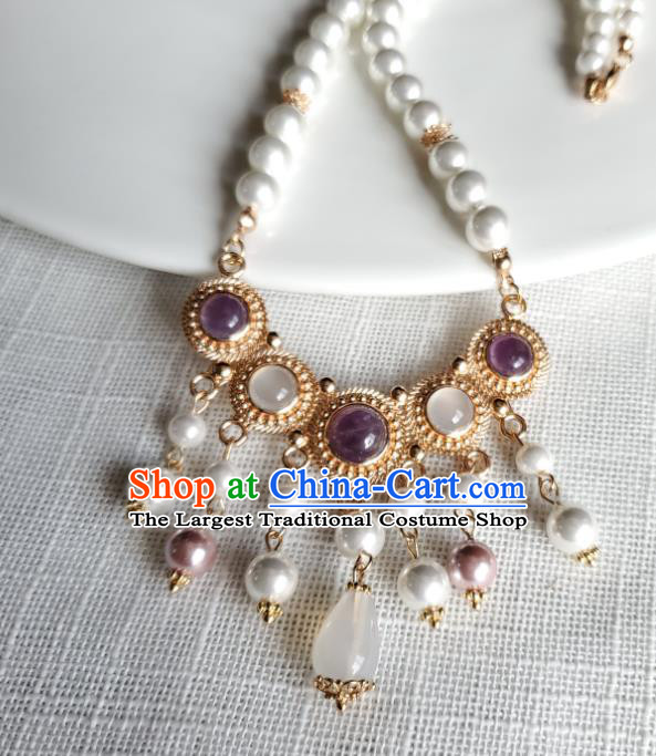 Chinese Handmade Pearls Necklet Classical Jewelry Accessories Ancient Princess Hanfu Amethyst Necklace for Women
