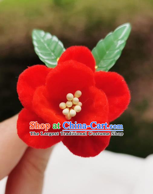 Chinese Qing Dynasty Red Velvet Camellia Hair Stick Handmade Hair Accessories Hanfu Ancient Princess Flowers Hairpins