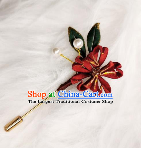 Chinese Handmade Dark Red Silk Lotus Brooch Classical Jewelry Accessories Hanfu Breastpin
