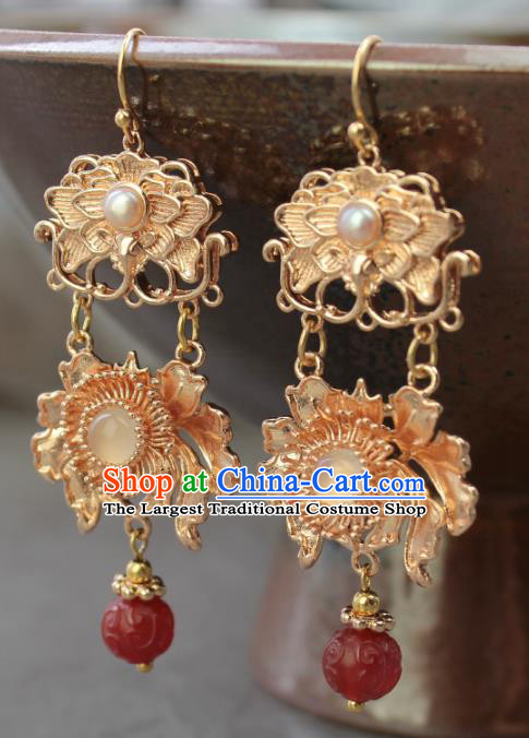 Chinese Handmade Agate Earrings Classical Jewelry Accessories Hanfu Ming Dynasty Princess Golden Lotus Eardrop